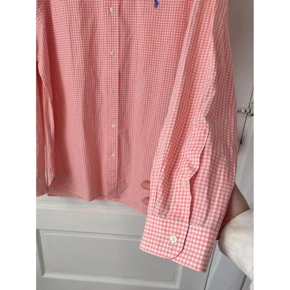 Ralph‎ Lauren Men's Button Down Shirt Orange Gingham Checkered Slim Fit Stretch